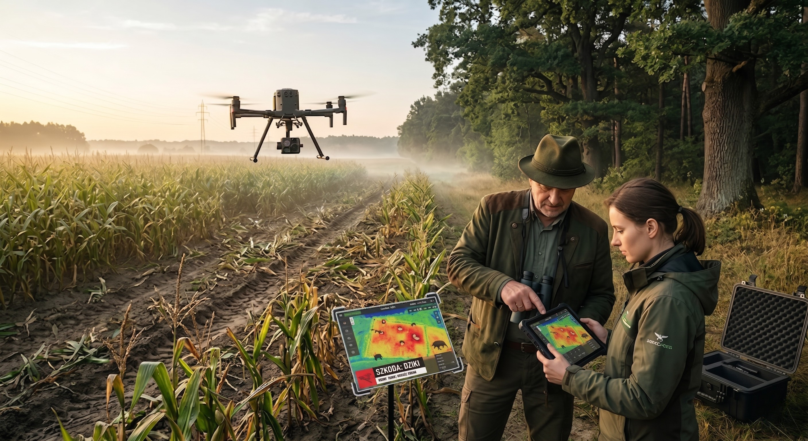 Dron dokumentuje szkody łowieckie na granicy pola i lasu